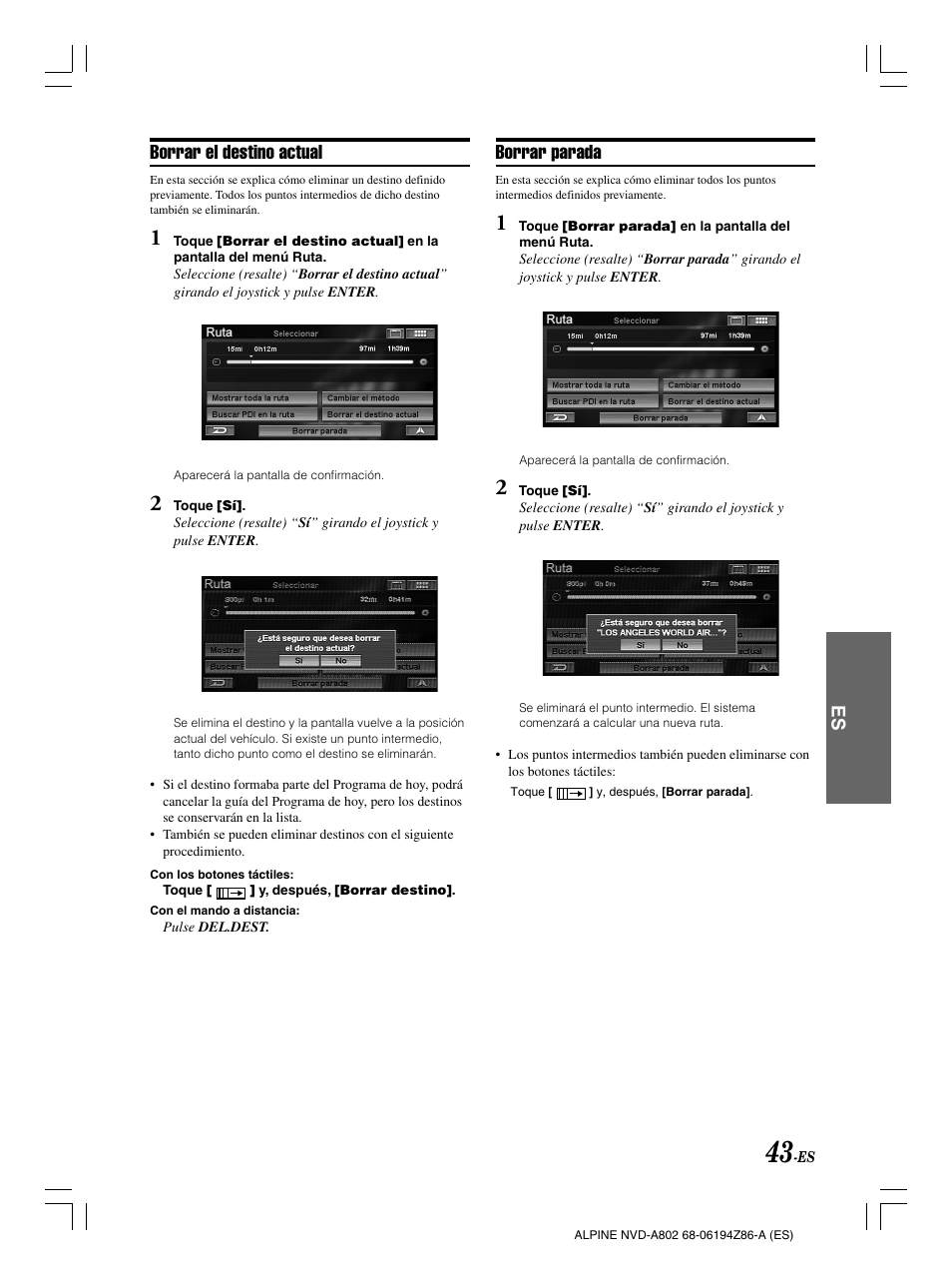 Borrar el destino actual, Borrar parada | Alpine NVD-A802 User Manual | Page 210 / 252