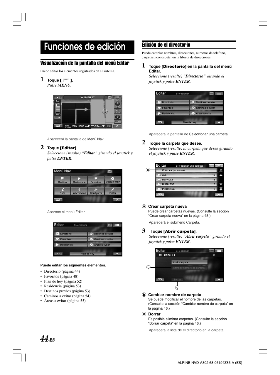 Funciones de edición, Visualización de la pantalla del menú editar, Edición de el directorio | Alpine NVD-A802 User Manual | Page 211 / 252