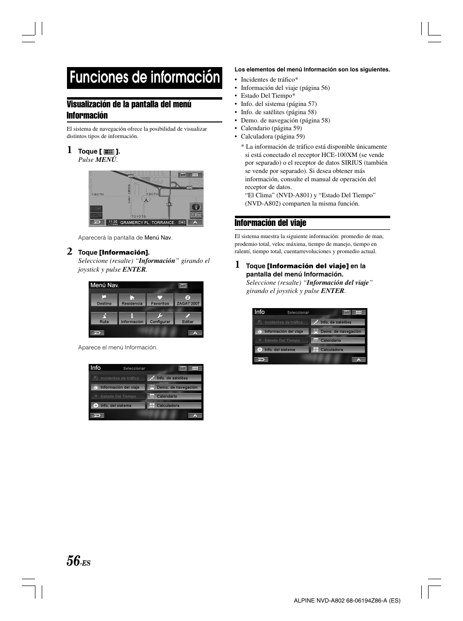 Funciones de información | Alpine NVD-A802 User Manual | Page 223 / 252