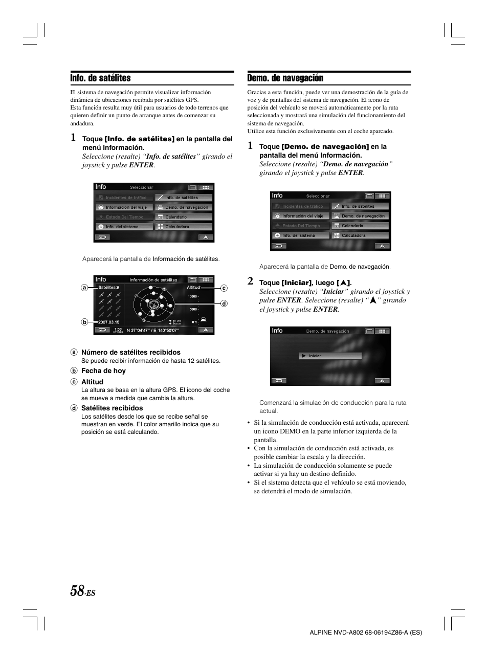 Demo. de navegación, Info. de satélites | Alpine NVD-A802 User Manual | Page 225 / 252