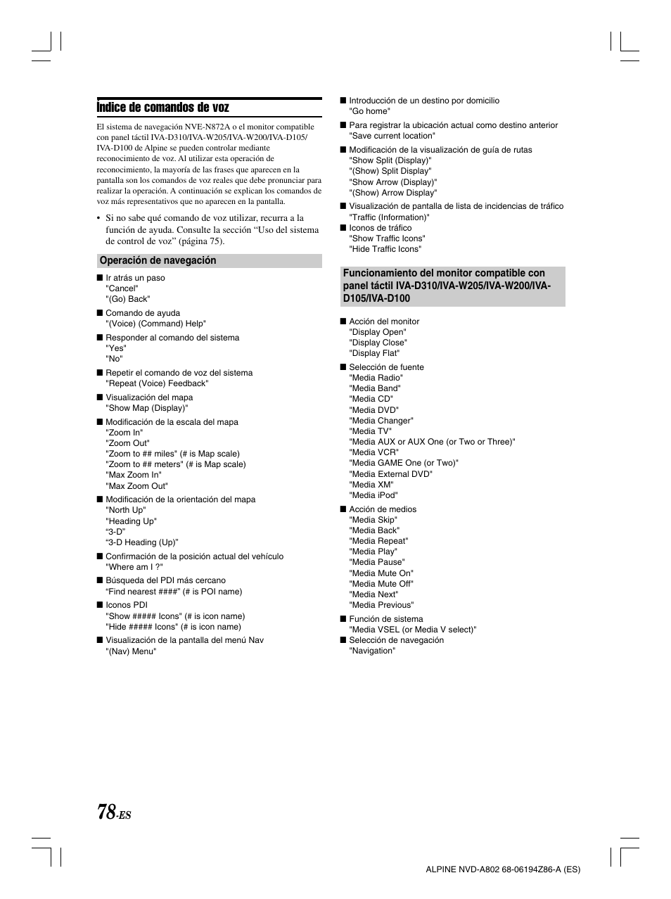 Índice de comandos de voz | Alpine NVD-A802 User Manual | Page 245 / 252