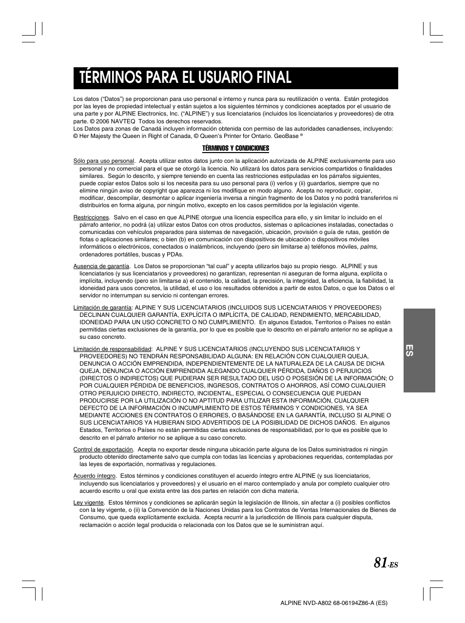 Términos para el usuario final | Alpine NVD-A802 User Manual | Page 248 / 252