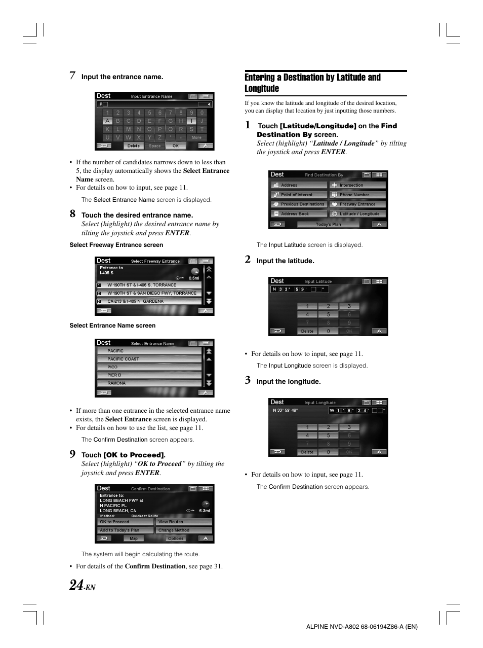Entering a destination by latitude and longitude | Alpine NVD-A802 User Manual | Page 27 / 252