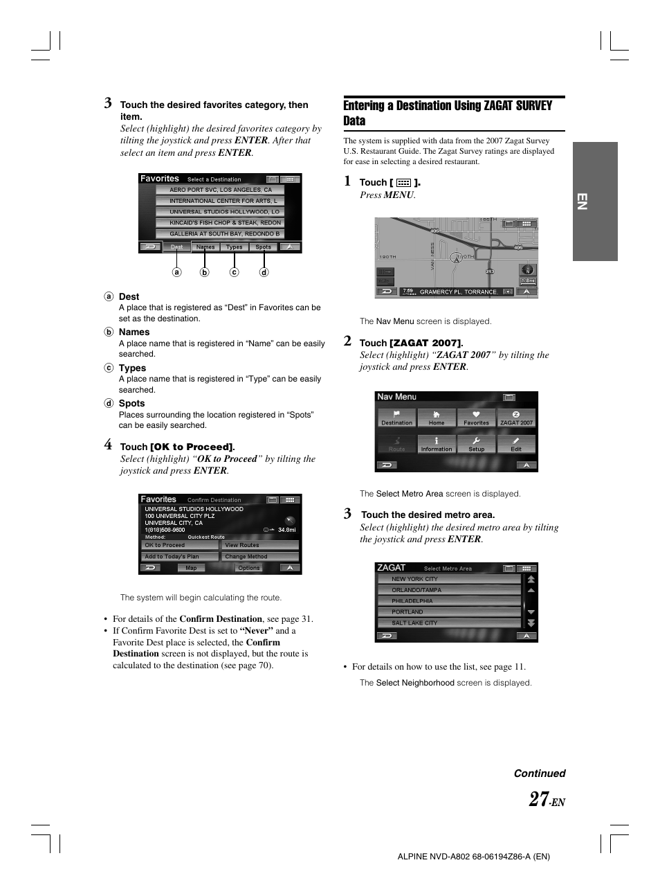 Entering a destination using zagat survey data | Alpine NVD-A802 User Manual | Page 30 / 252