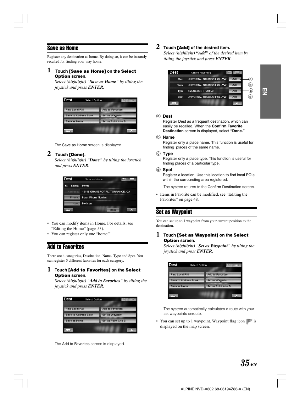 Save as home, Add to favorites, Set as waypoint | Alpine NVD-A802 User Manual | Page 38 / 252