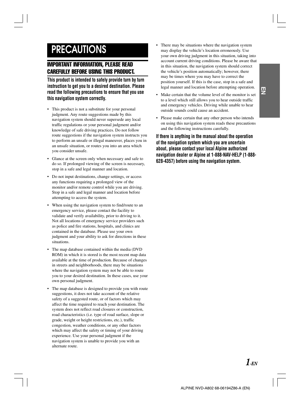Precautions | Alpine NVD-A802 User Manual | Page 4 / 252