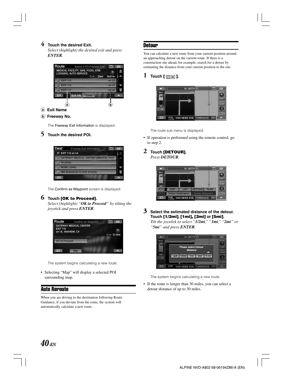 Auto reroute, Detour | Alpine NVD-A802 User Manual | Page 43 / 252