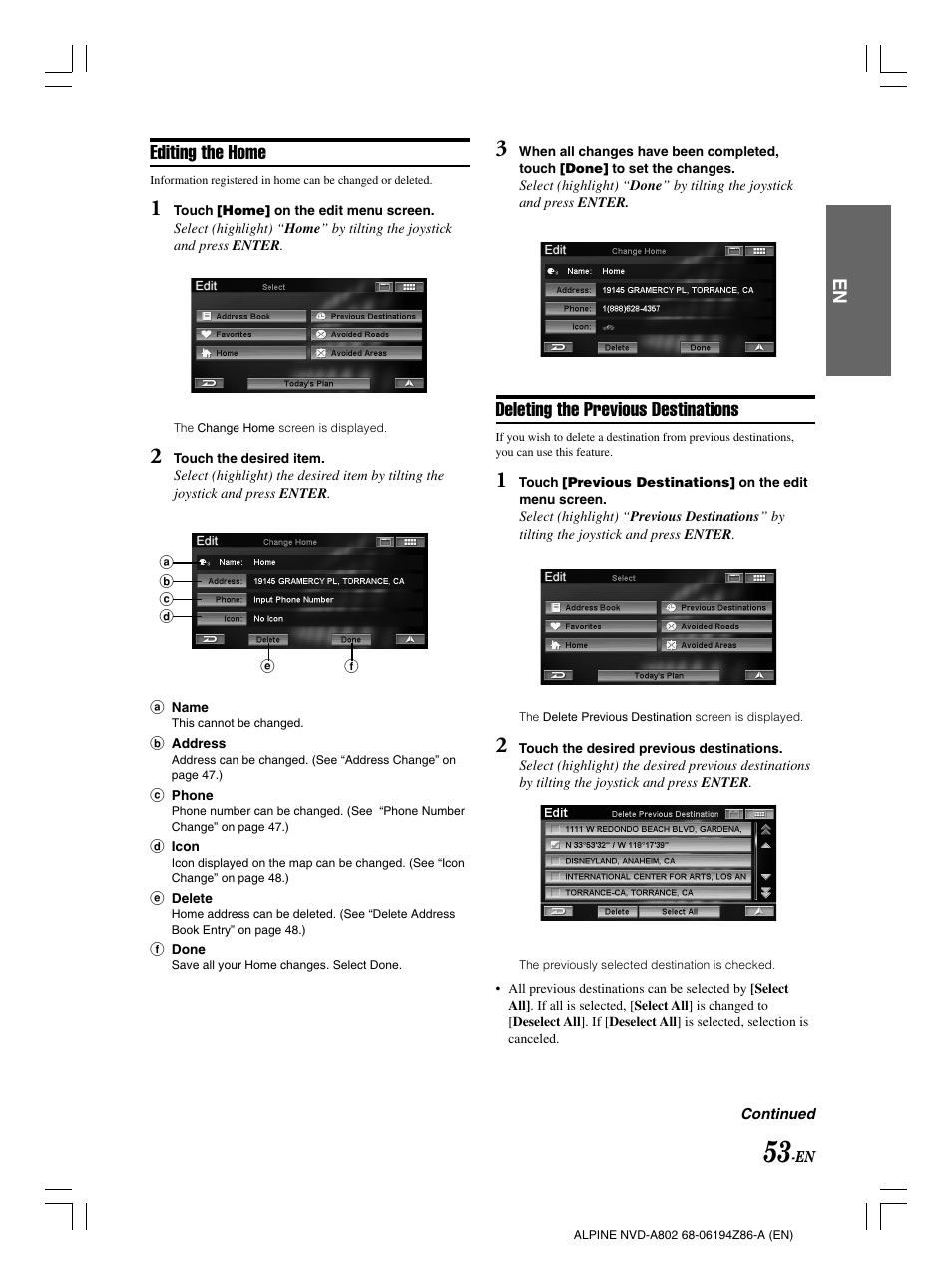 Editing the home, Deleting the previous destinations | Alpine NVD-A802 User Manual | Page 56 / 252