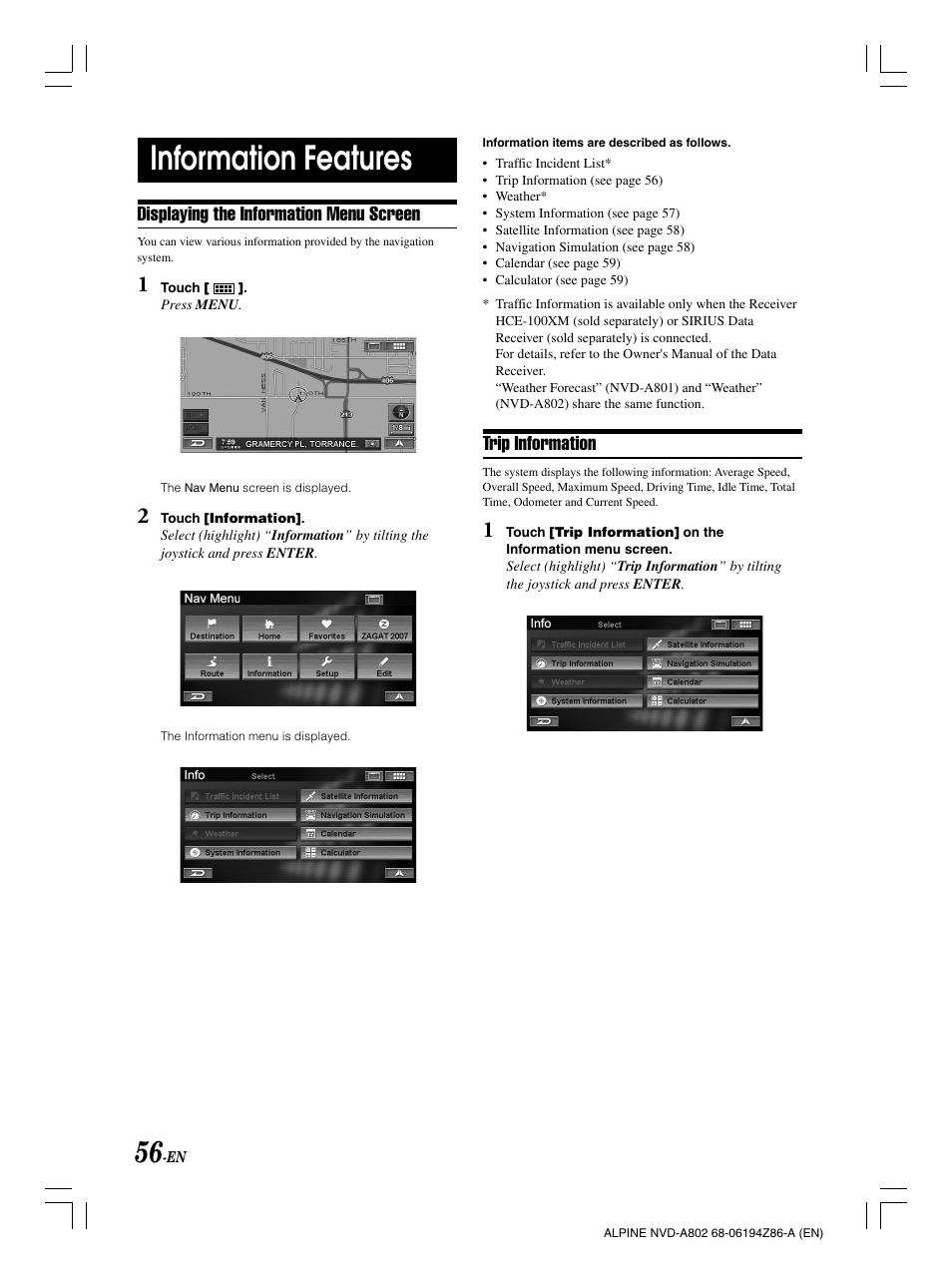 Information features | Alpine NVD-A802 User Manual | Page 59 / 252