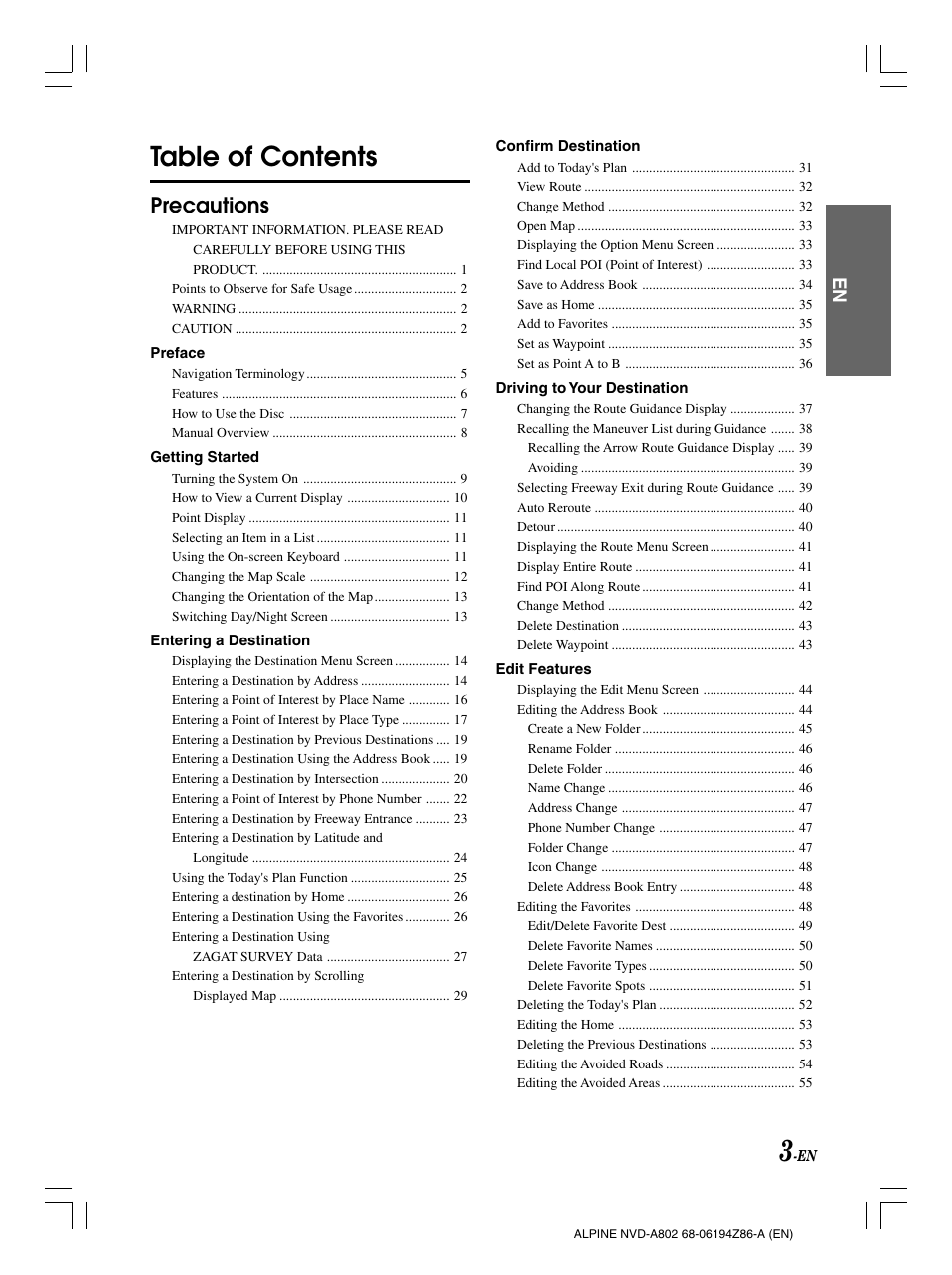 English, English table of contents, Precautions | Alpine NVD-A802 User Manual | Page 6 / 252