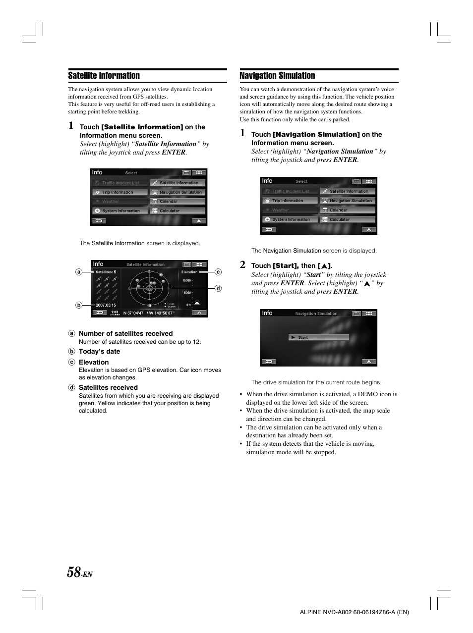 Navigation simulation, Satellite information | Alpine NVD-A802 User Manual | Page 61 / 252