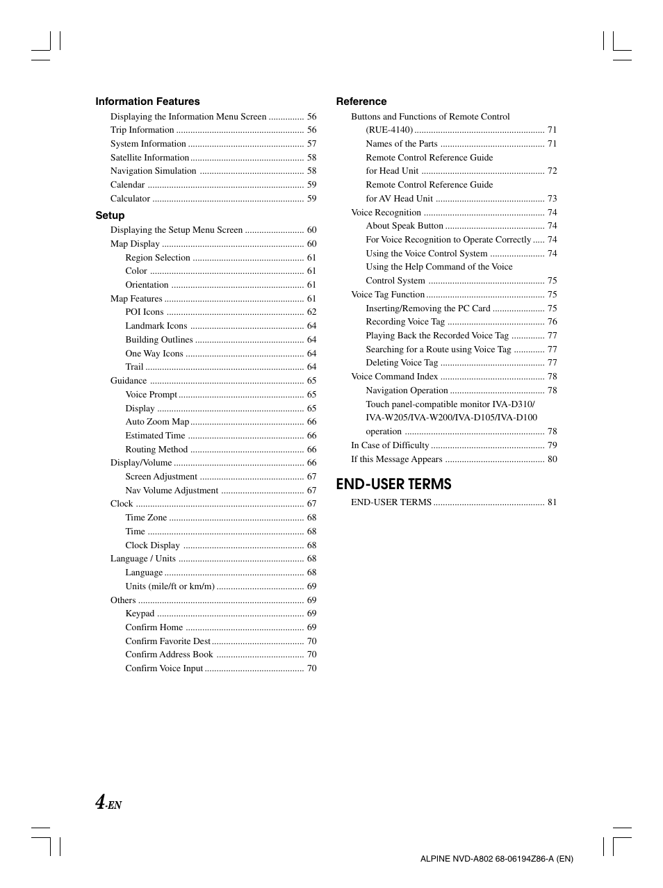 English, End-user terms | Alpine NVD-A802 User Manual | Page 7 / 252