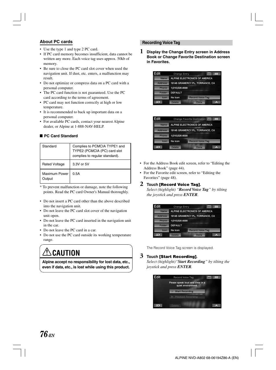 Caution | Alpine NVD-A802 User Manual | Page 79 / 252