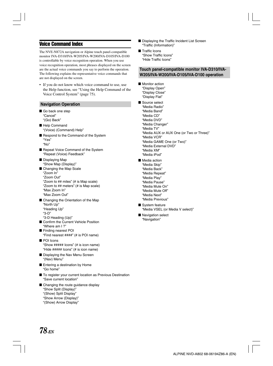 Voice command index | Alpine NVD-A802 User Manual | Page 81 / 252