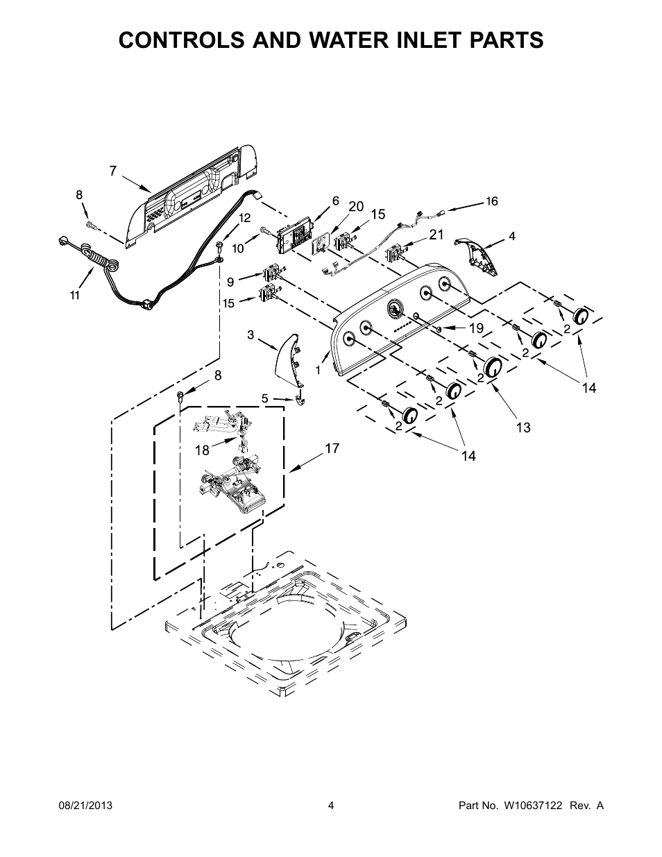 Controls and water inlet, Controls and water inlet parts | Whirlpool WTW4850BW User Manual | Page 4 / 10