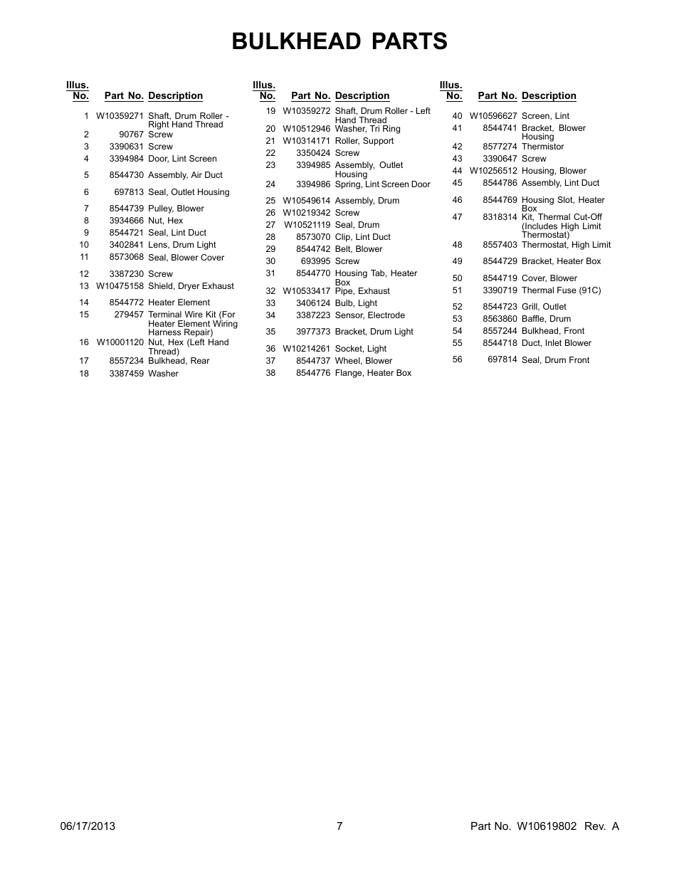Bulkhead parts | Whirlpool WED8000BW User Manual | Page 7 / 8