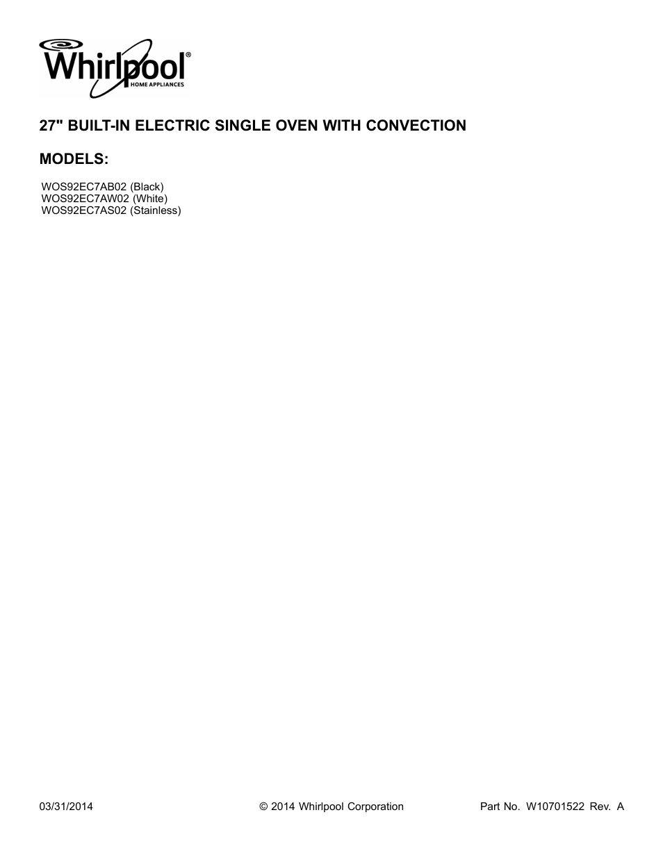 Whirlpool WOS92EC7AS User Manual | 10 pages