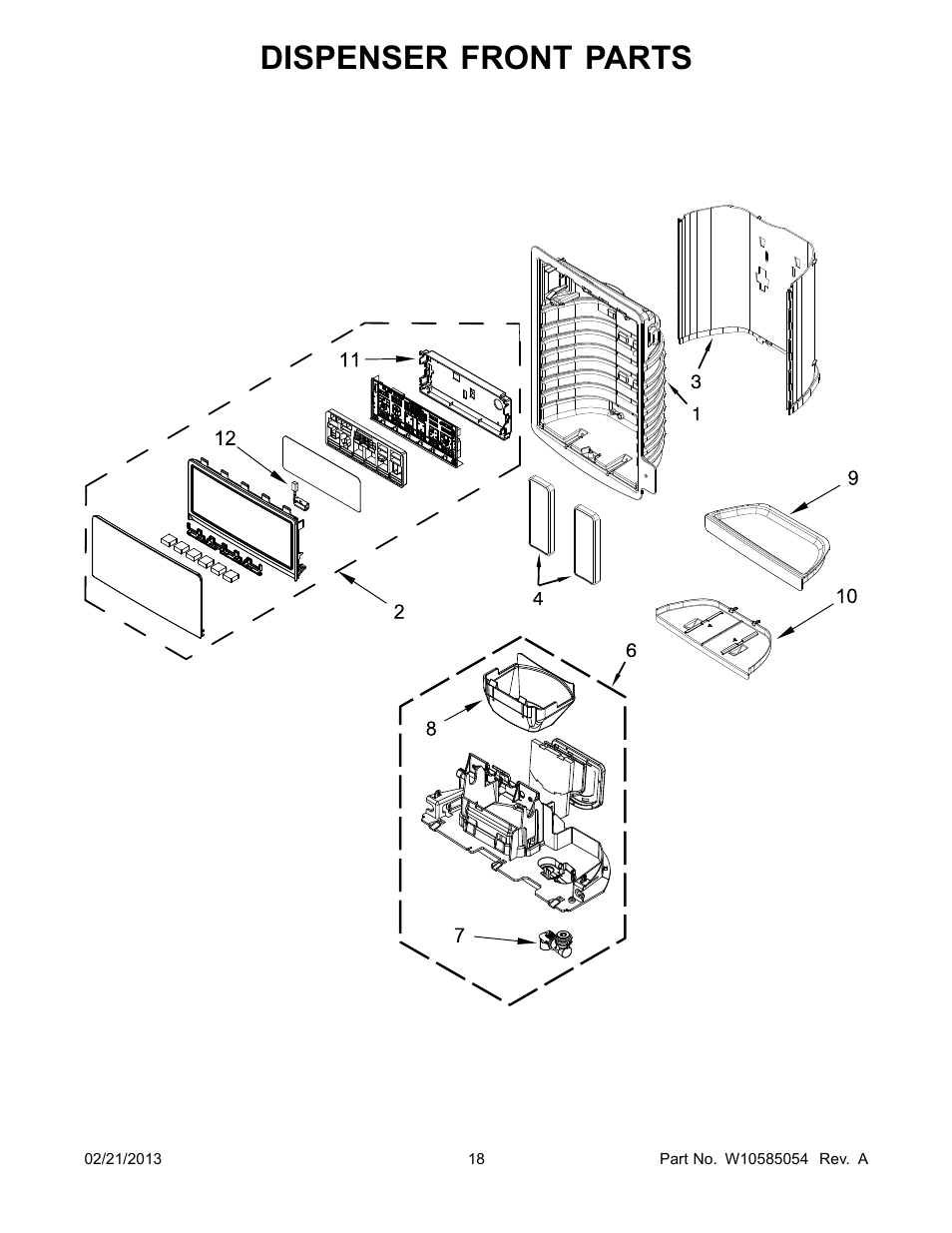 Dispenser front, Dispenser front parts | Whirlpool WRX735SDBM User Manual | Page 18 / 22