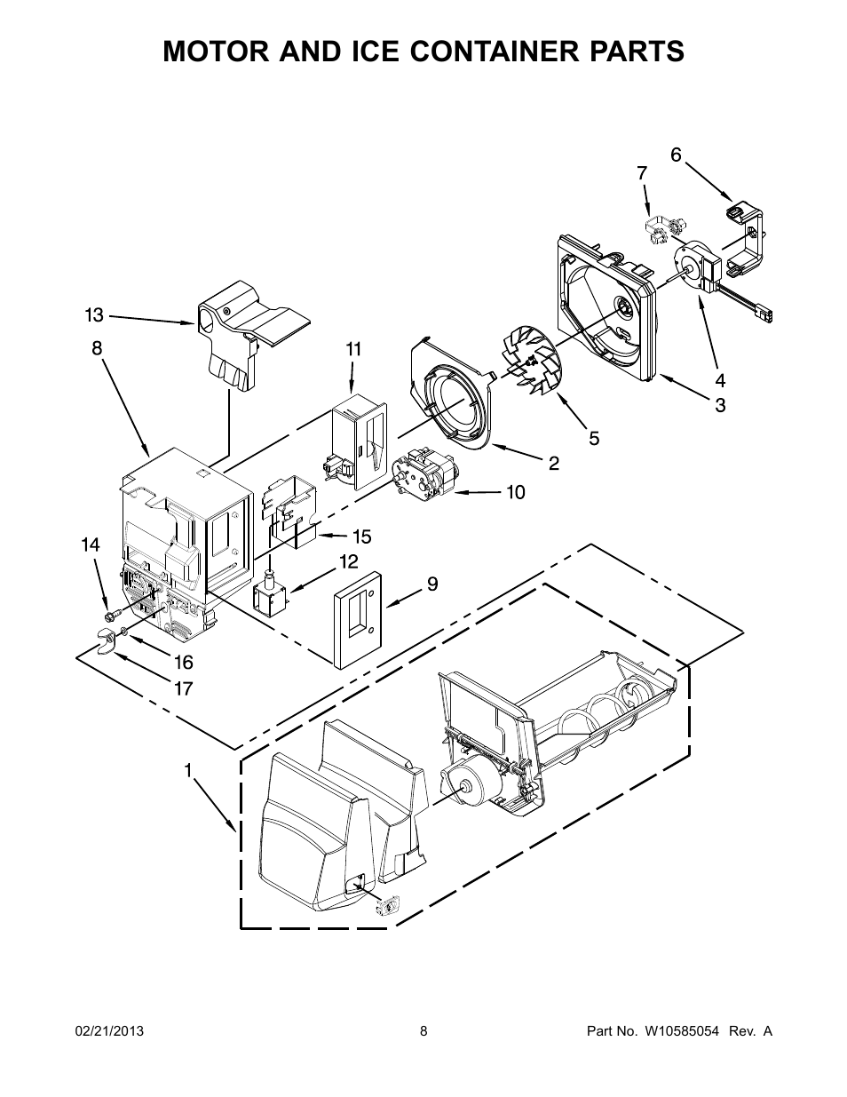 Motor and ice container, Motor and ice container parts | Whirlpool WRX735SDBM User Manual | Page 8 / 22