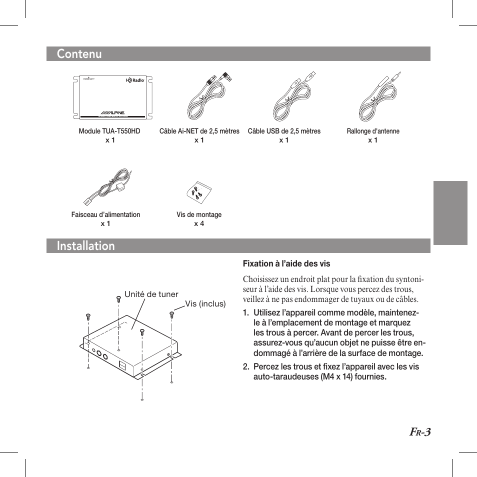 Warning package contents installation contenu | Alpine TUA-T550HD User Manual | Page 11 / 24