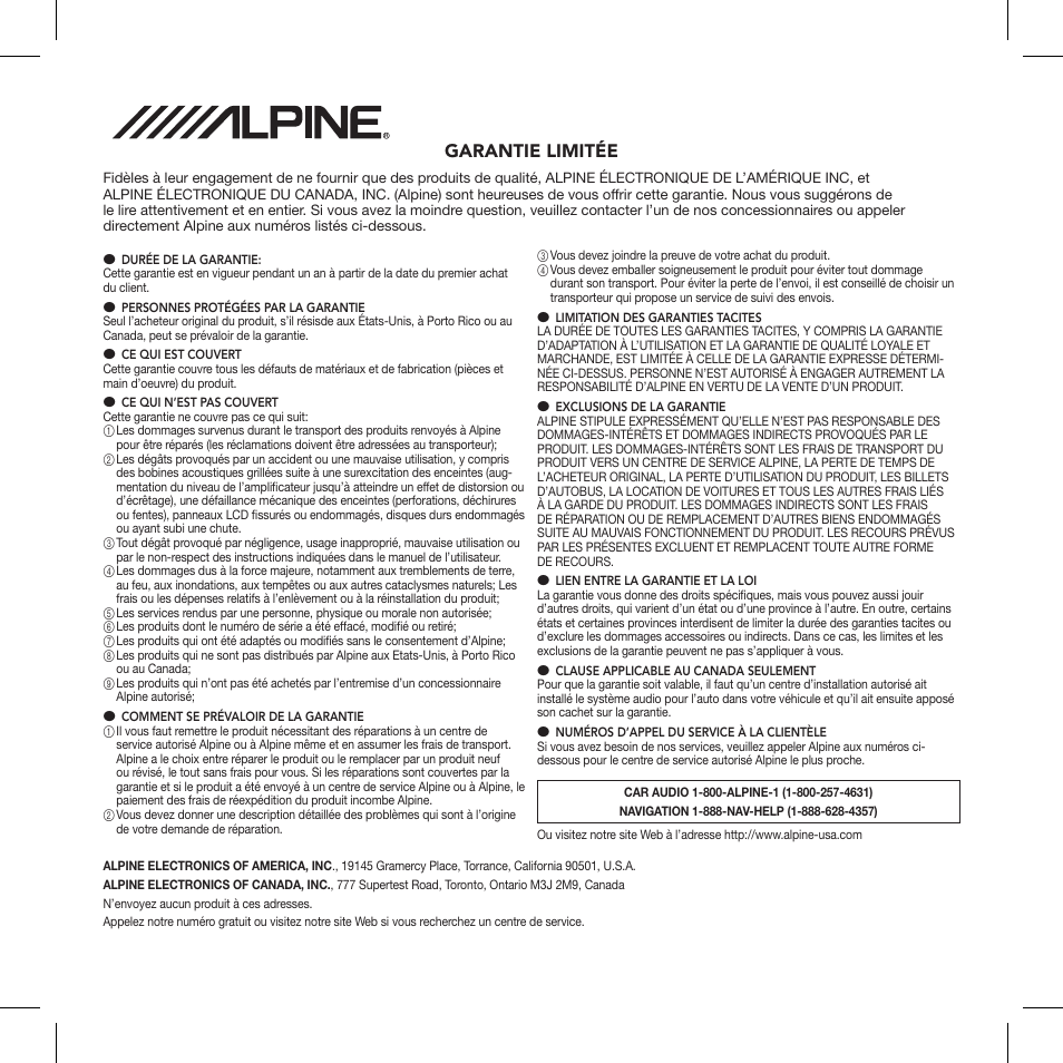 Garantie limitée | Alpine TUA-T550HD User Manual | Page 23 / 24