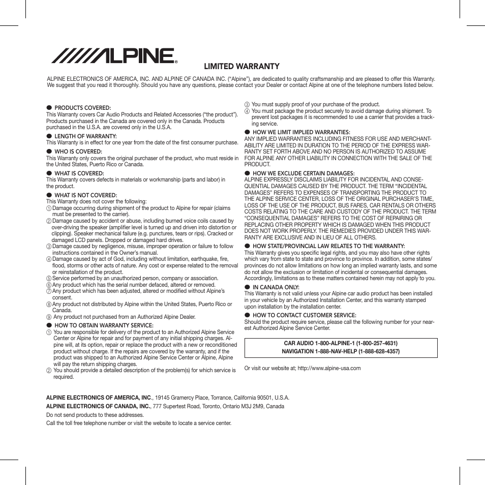 Limited warranty | Alpine TUA-T550HD User Manual | Page 24 / 24