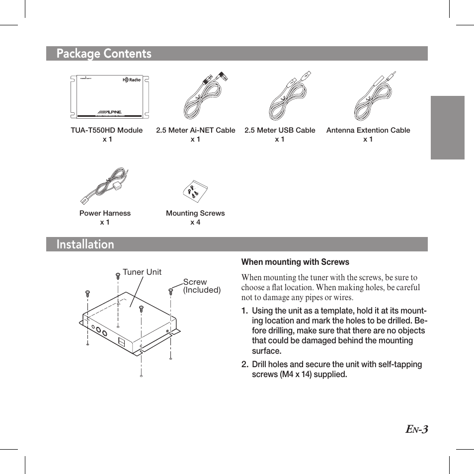 Warning package contents installation, Package contents | Alpine TUA-T550HD User Manual | Page 5 / 24