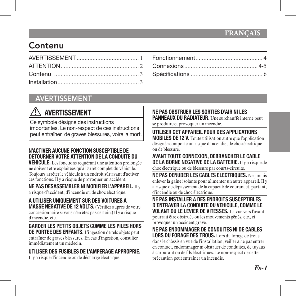 Contenu, Avertissement avertissement, Français | Alpine TUA-T550HD User Manual | Page 9 / 24