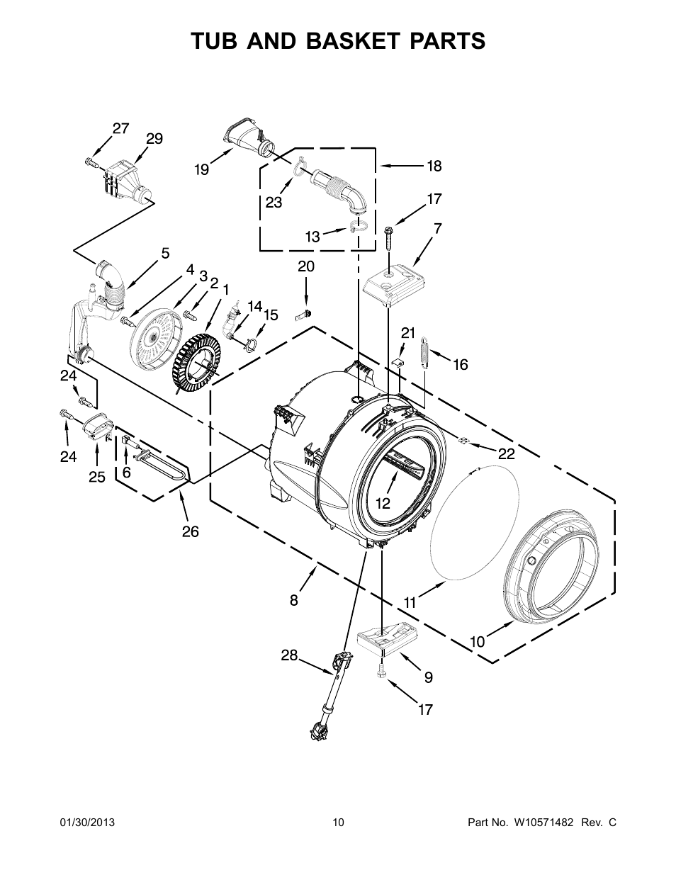 Tub and basket, Tub and basket parts | Whirlpool WFW86HEBW0 User Manual | Page 10 / 14