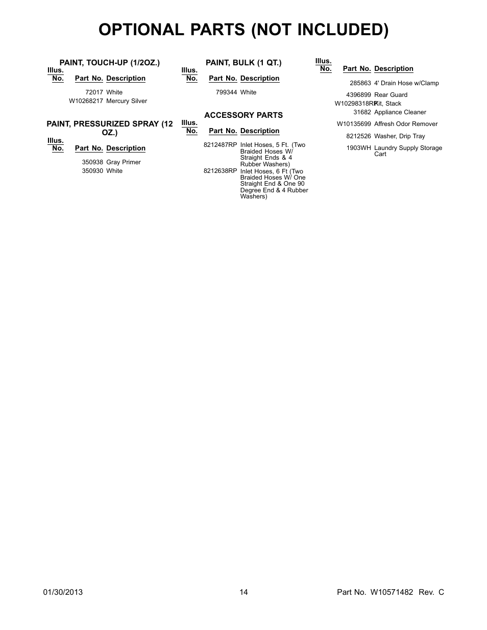 Optional, Optional parts (not included) | Whirlpool WFW86HEBW0 User Manual | Page 14 / 14