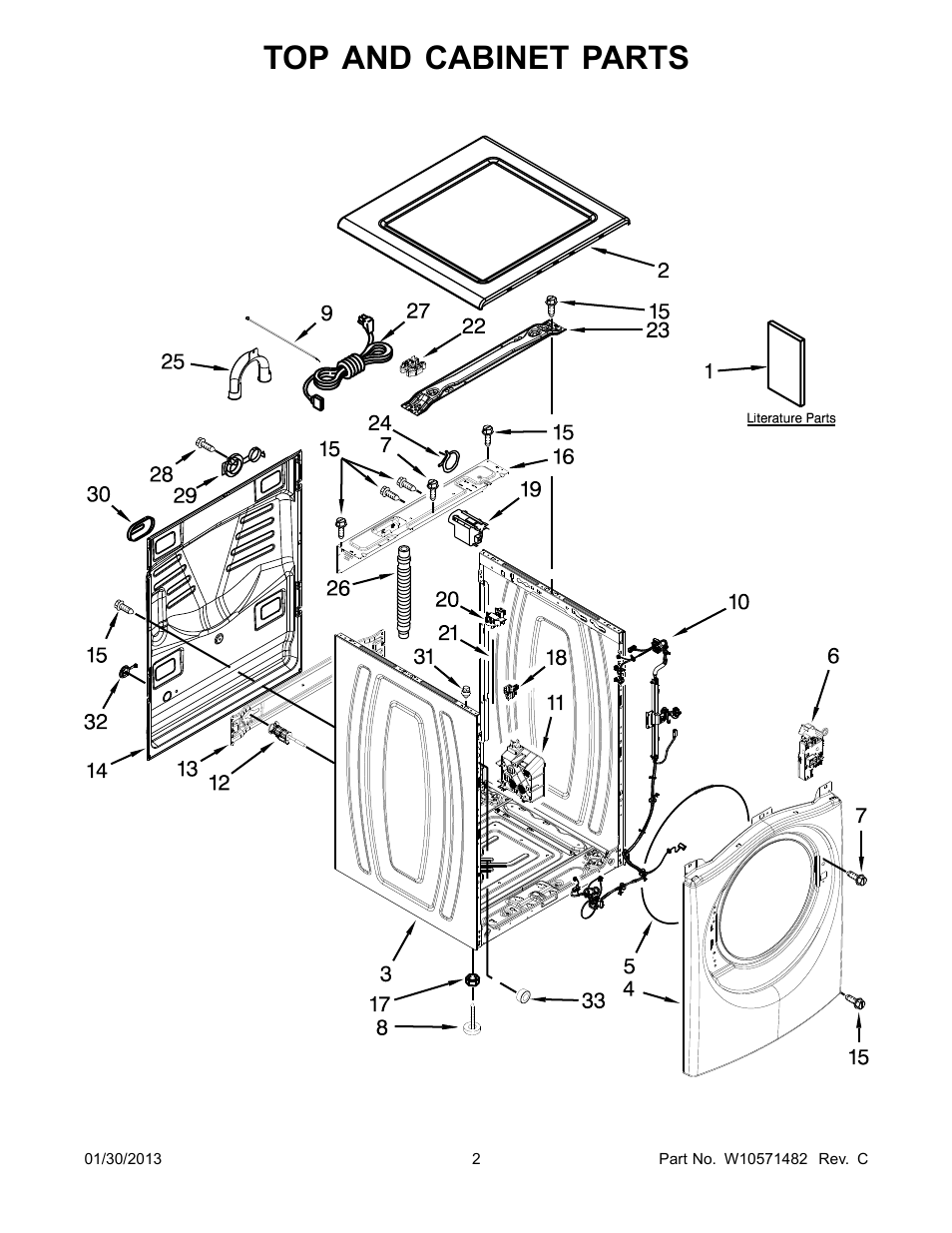 Top and cabinet, Top and cabinet parts | Whirlpool WFW86HEBW0 User Manual | Page 2 / 14