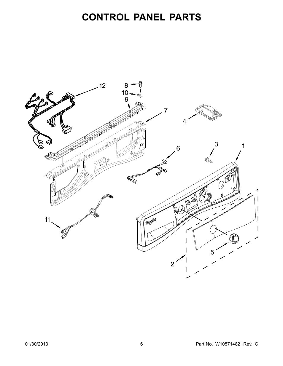 Control panel, Control panel parts | Whirlpool WFW86HEBW0 User Manual | Page 6 / 14