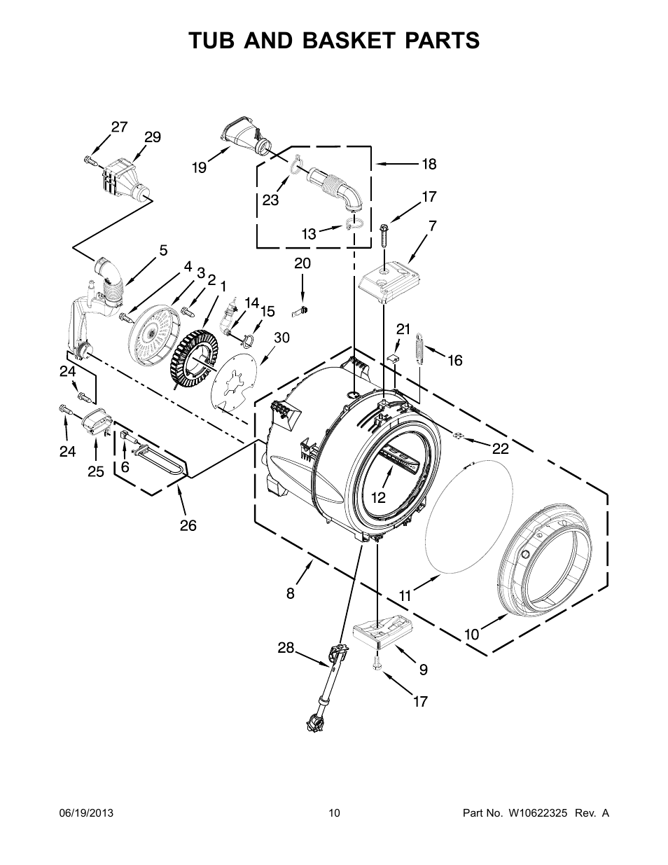 Tub and basket, Tub and basket parts | Whirlpool WFW86HEBW1 User Manual | Page 10 / 14