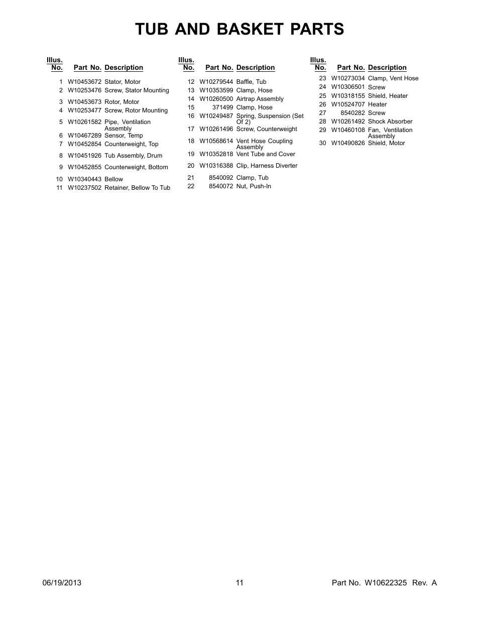 Tub and basket parts | Whirlpool WFW86HEBW1 User Manual | Page 11 / 14