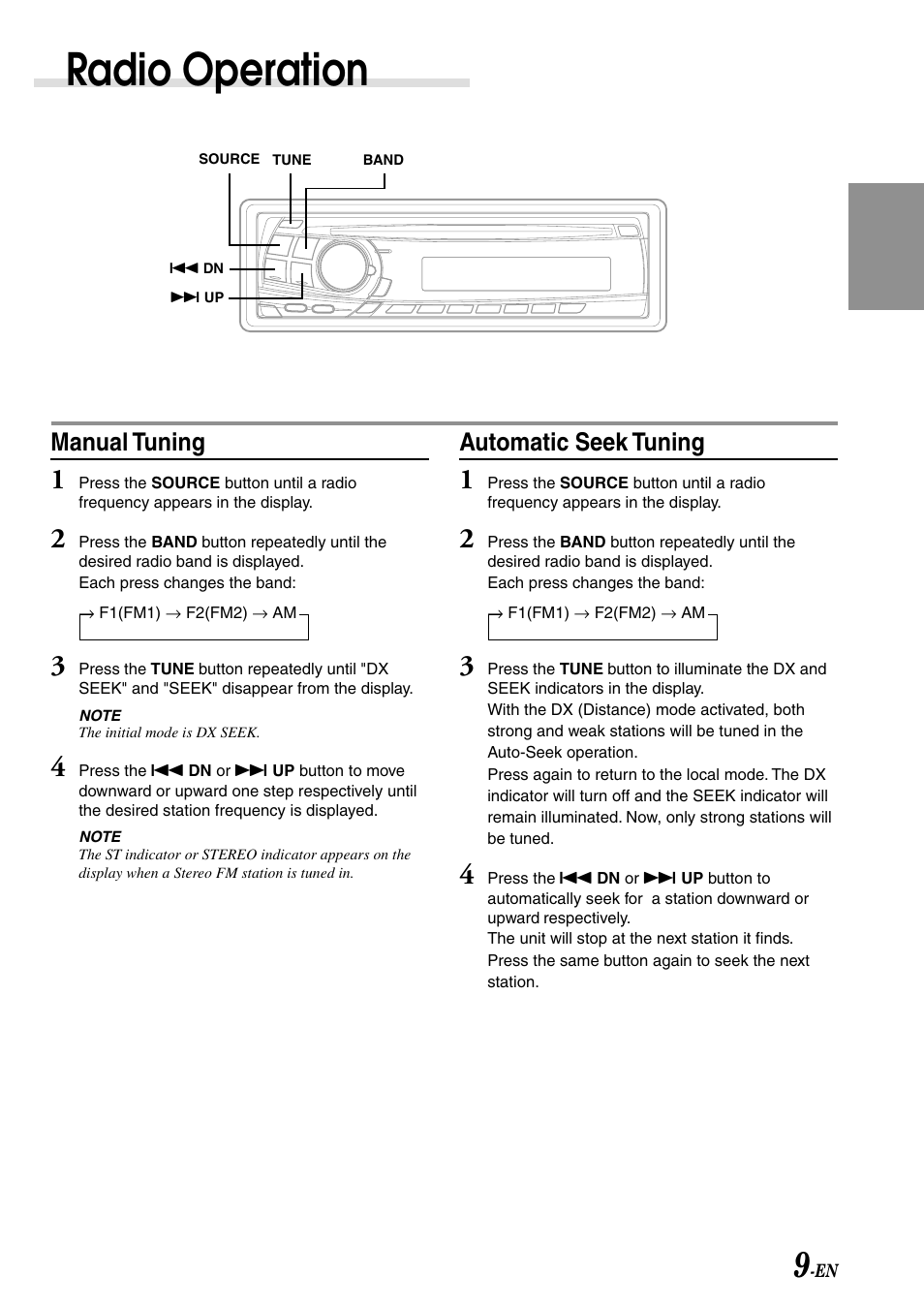 Tuner functions, Manual tuning, Radio operation | Automatic seek tuning | Alpine CDM-7874 User Manual | Page 11 / 26