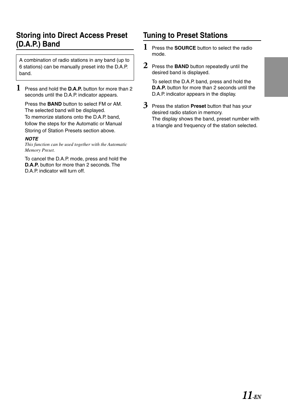 Storing into direct access preset (d.a.p.) band, Tuning to preset stations | Alpine CDM-7874 User Manual | Page 13 / 26