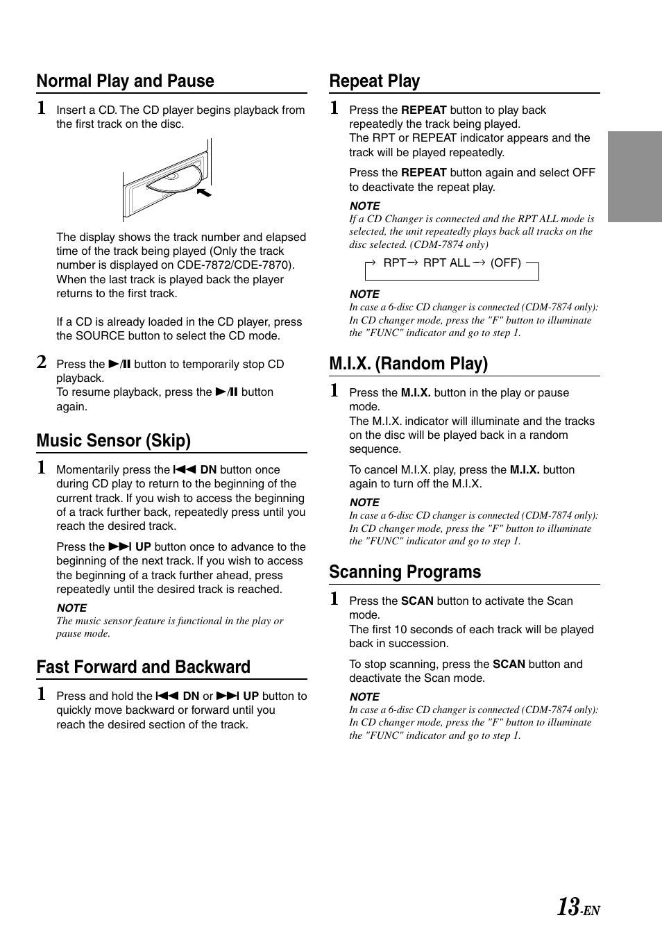 Repeat play, M.i.x. (random play), Scanning programs | Normal play and pause, Music sensor (skip), Fast forward and backward | Alpine CDM-7874 User Manual | Page 15 / 26