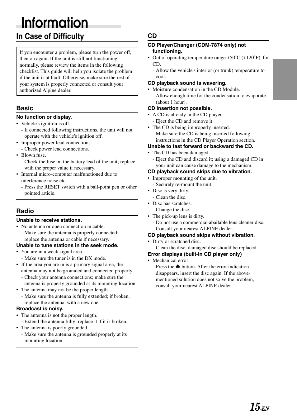 Troubleshooting, Information | Alpine CDM-7874 User Manual | Page 17 / 26