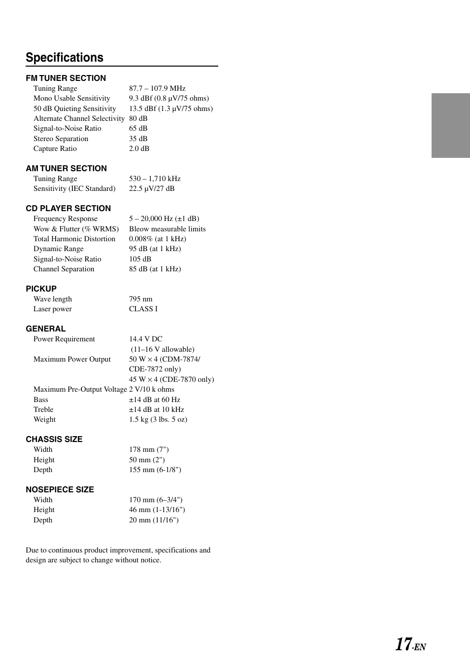 Specs, Specifications | Alpine CDM-7874 User Manual | Page 19 / 26