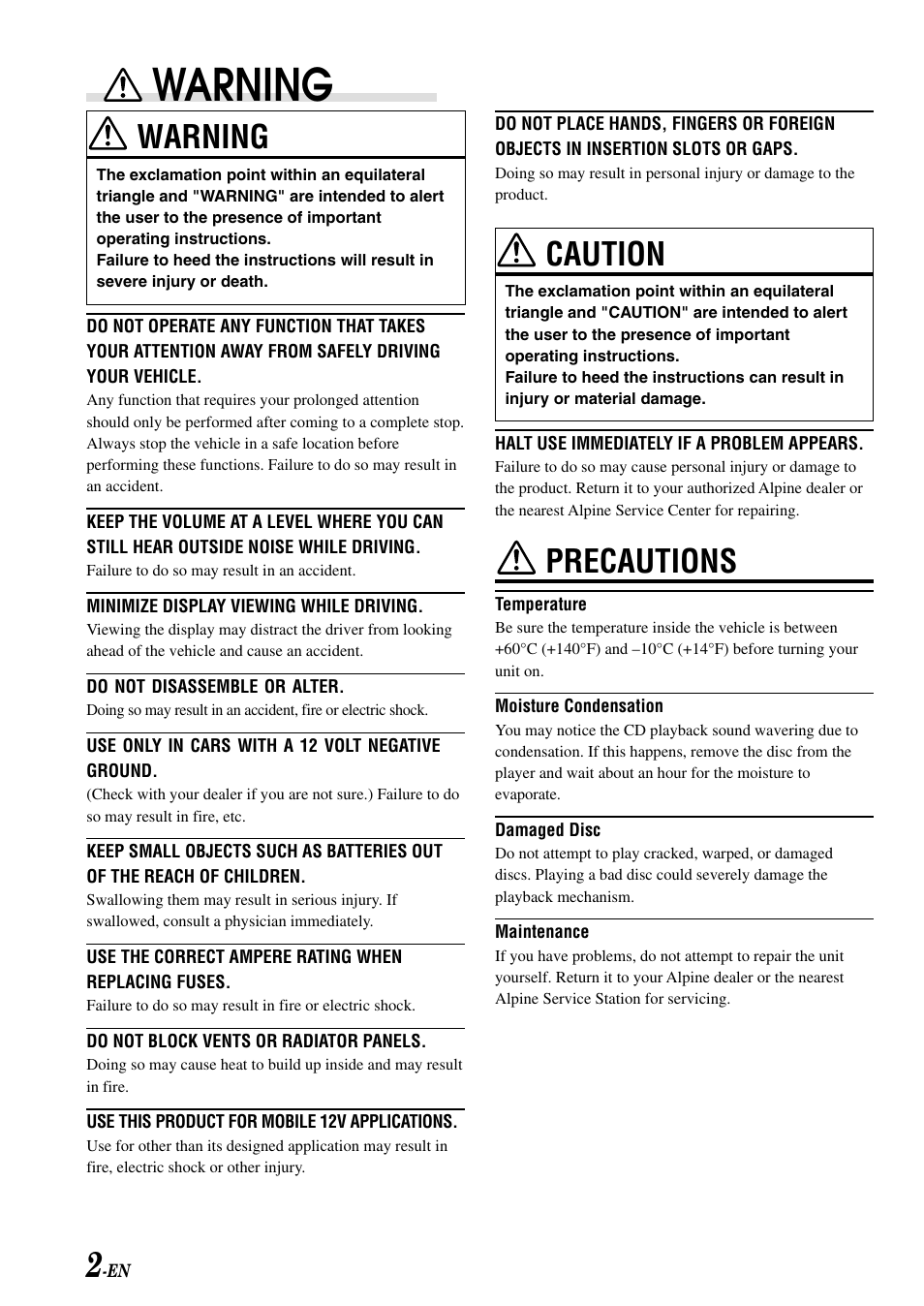 Warning, Caution, Precautions | Alpine CDM-7874 User Manual | Page 4 / 26