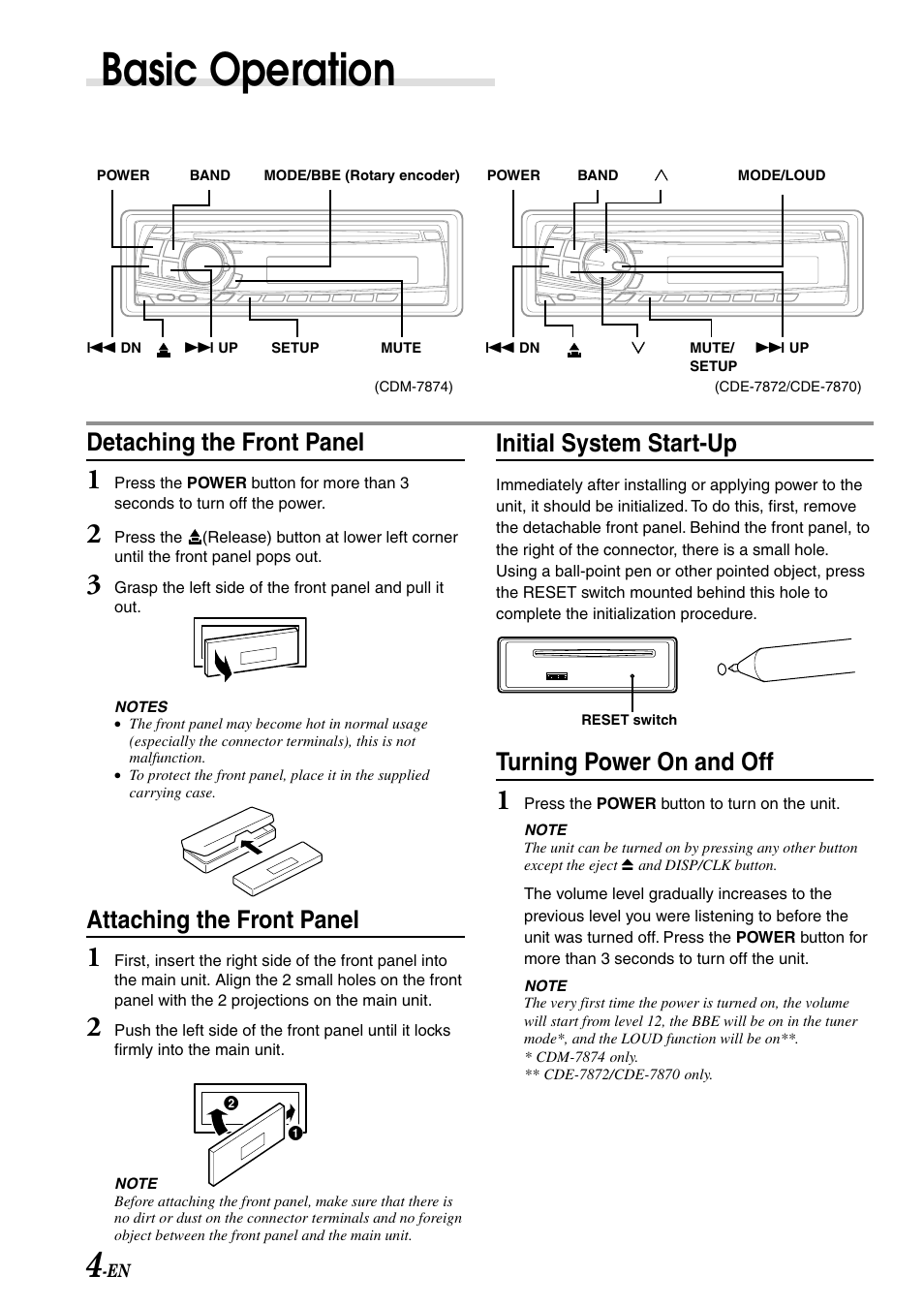 Reset, Basic operation, Detaching the front panel | Initial system start-up, Attaching the front panel, Turning power on and off | Alpine CDM-7874 User Manual | Page 6 / 26