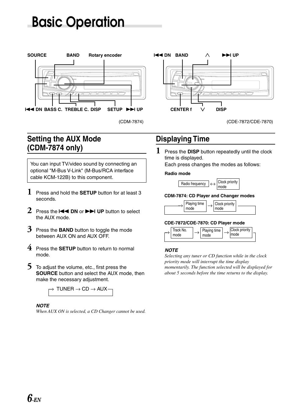 Setting the aux mode (cdm-7874 only), Displaying time, Basic operation | Alpine CDM-7874 User Manual | Page 8 / 26