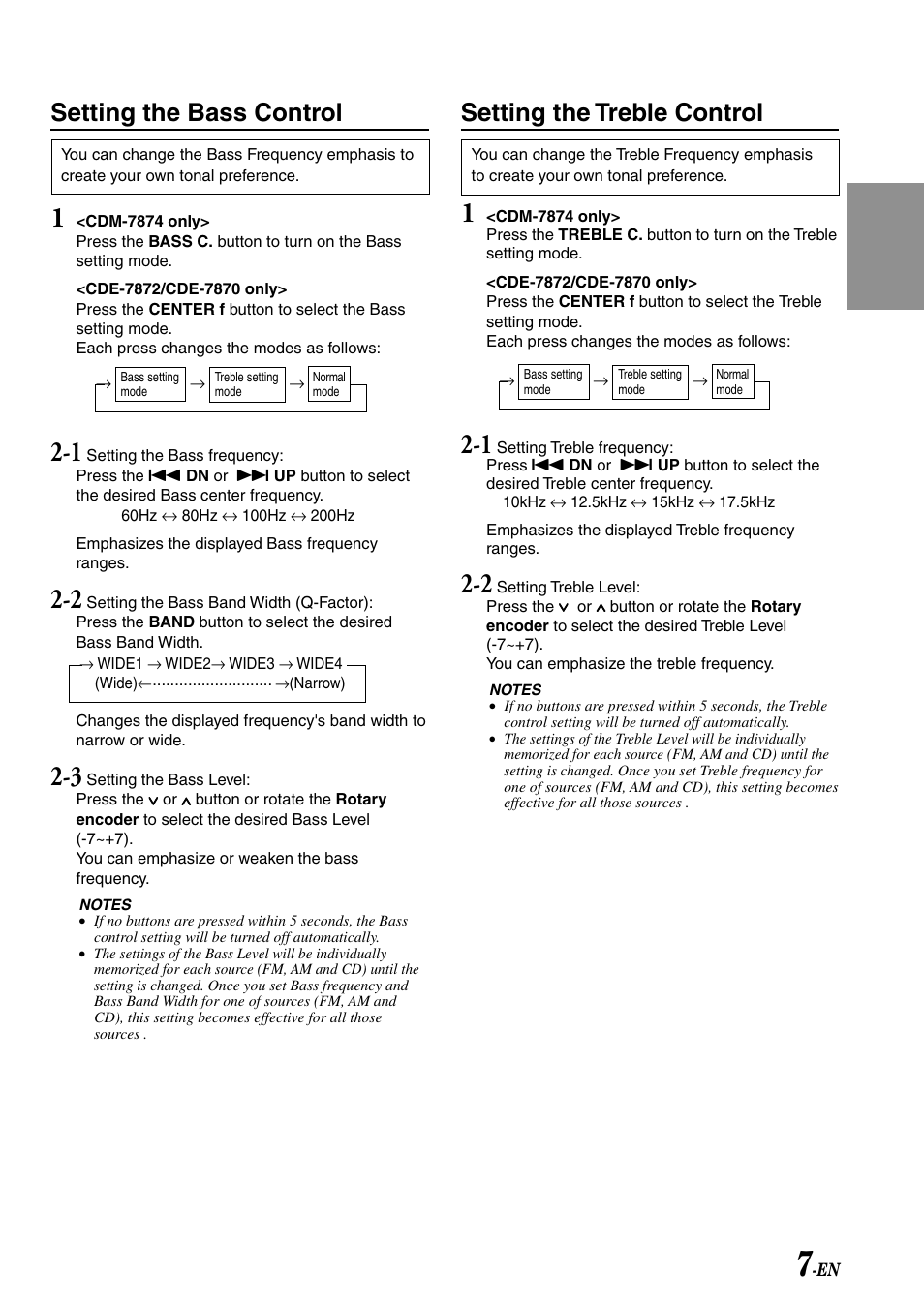Audio adjust, Setting the bass control, Setting the treble control | Alpine CDM-7874 User Manual | Page 9 / 26