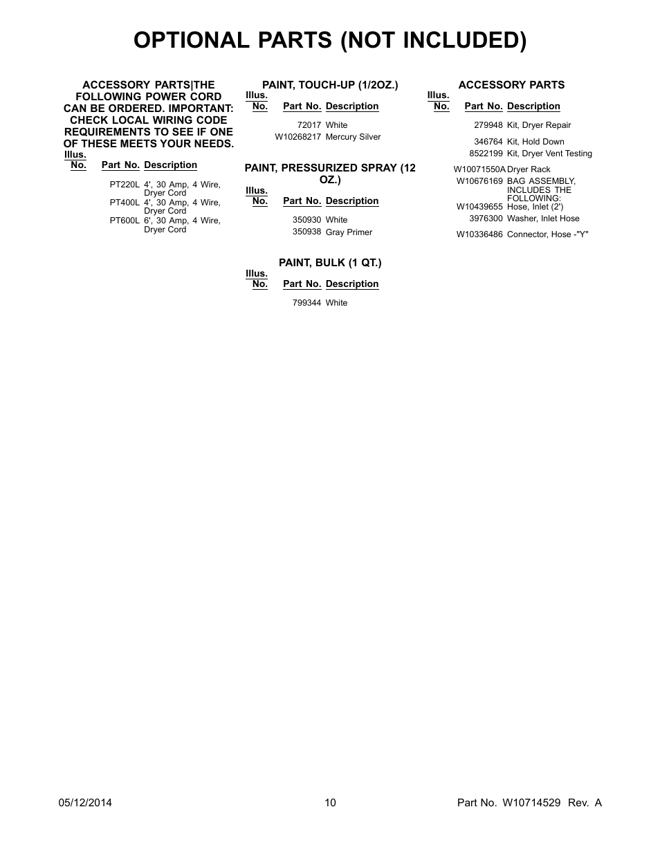 Optional parts (not included) | Whirlpool WED97HEDBD User Manual | Page 10 / 10