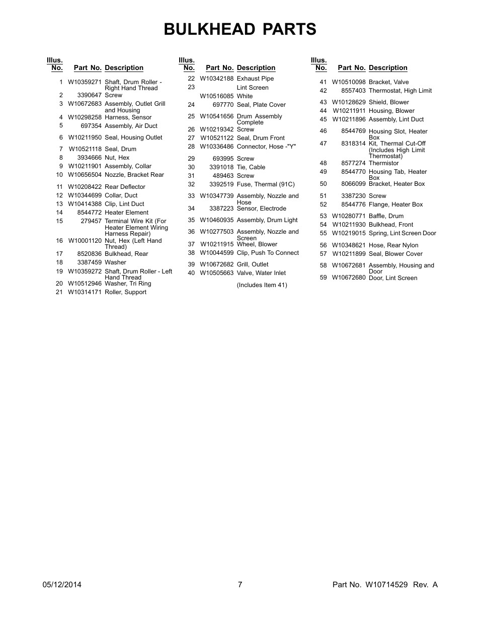 Bulkhead parts | Whirlpool WED97HEDBD User Manual | Page 7 / 10