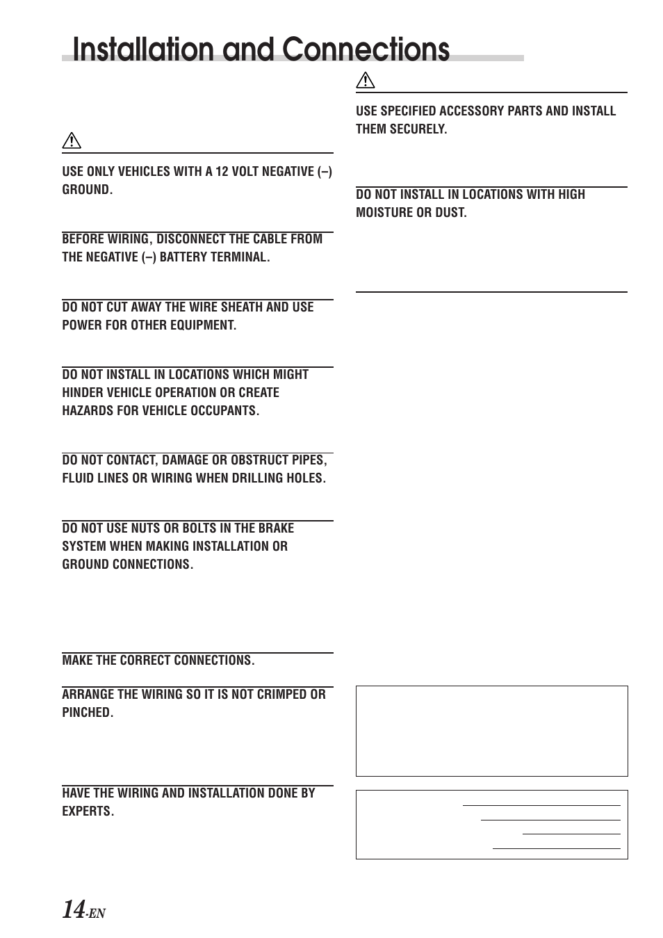 Installation and connections, Warning, Caution | Precautions, Important | Alpine CDE-7853 User Manual | Page 16 / 19