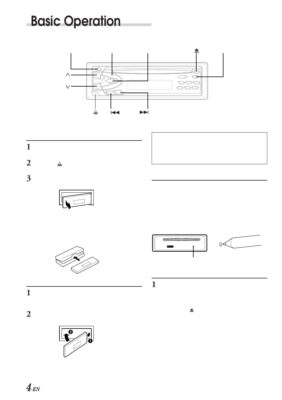 Basic operation, Detaching the front panel, Attaching the front panel | Initial system start-up, Turning power on and off | Alpine CDE-7853 User Manual | Page 6 / 19