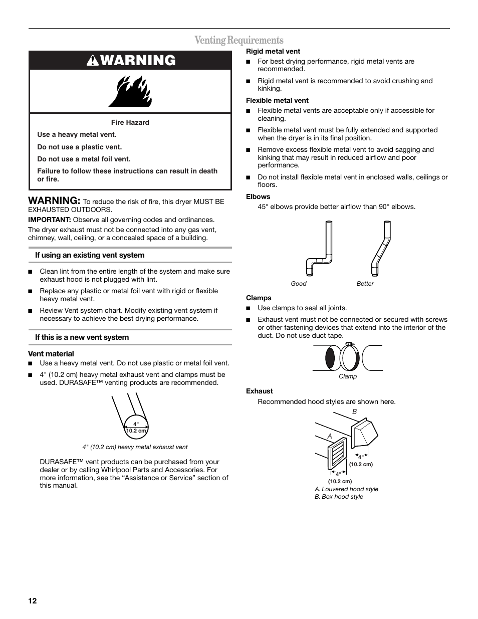 Venting requirements, Warning | Whirlpool LER3622PQ User Manual | Page 12 / 24