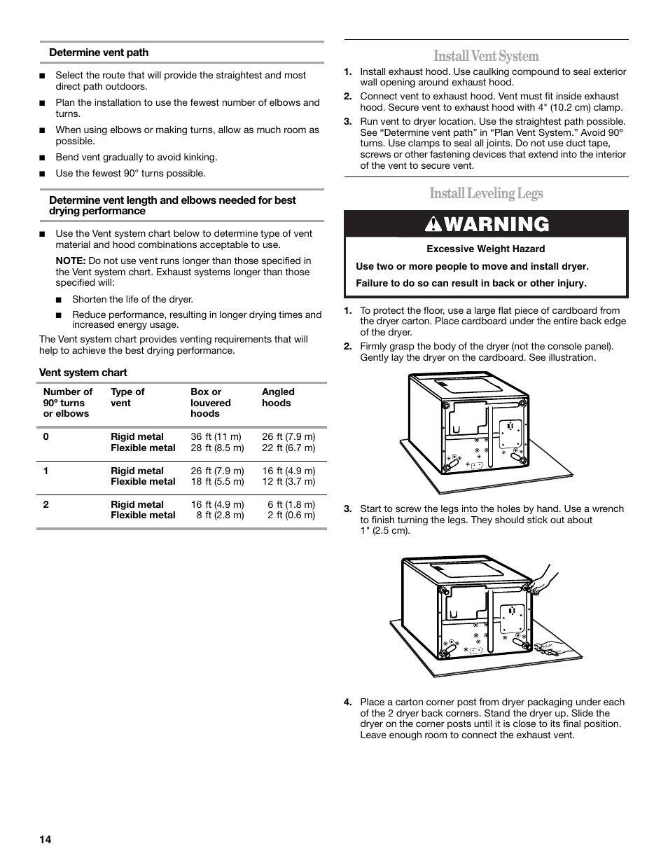 Install vent system, Install leveling legs, Warning | Whirlpool LER3622PQ User Manual | Page 14 / 24