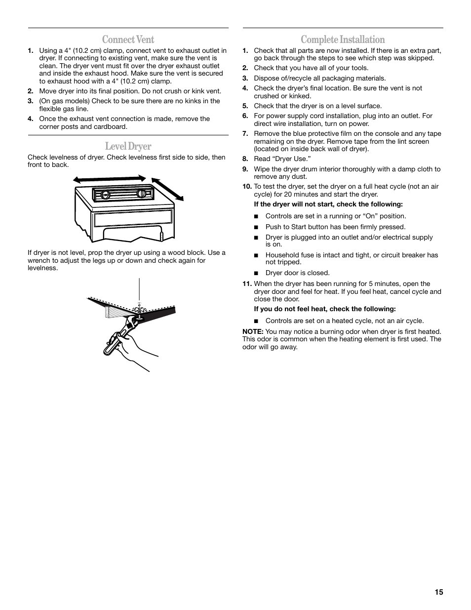 Connect vent, Level dryer, Complete installation | Whirlpool LER3622PQ User Manual | Page 15 / 24